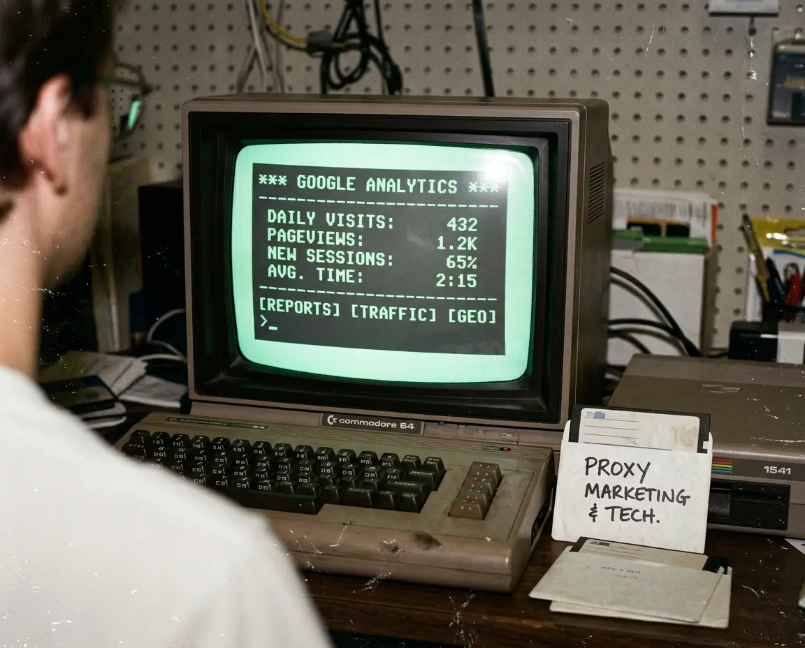 A developer using a retro computer to run Google Analytics
